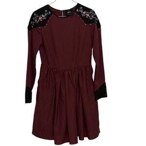 ASOS Chic Edgy Burgundy Floral Embroidered Stud Romantic Retro Mini Dress Size 6